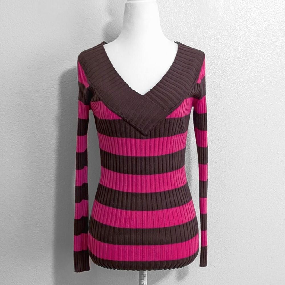 Love by Design Pink & Brown Striped Ribbed Knit Long Sleeve Sweater | Size XL